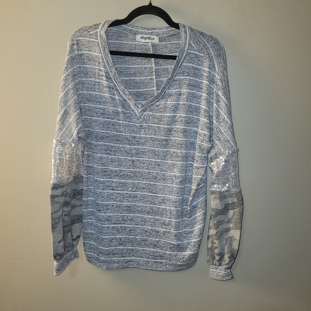 Haptics Womens M Gray Striped V Neck Top Sequin‎ Camo Sleeve Long Sleeve Shirt